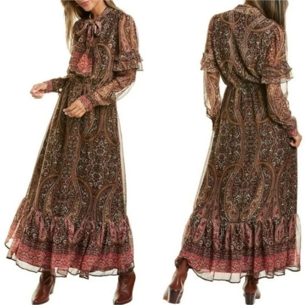 Walter Baker Amelia Dress, Grand Paisley long sleeve maxi ruffle prairie Size M